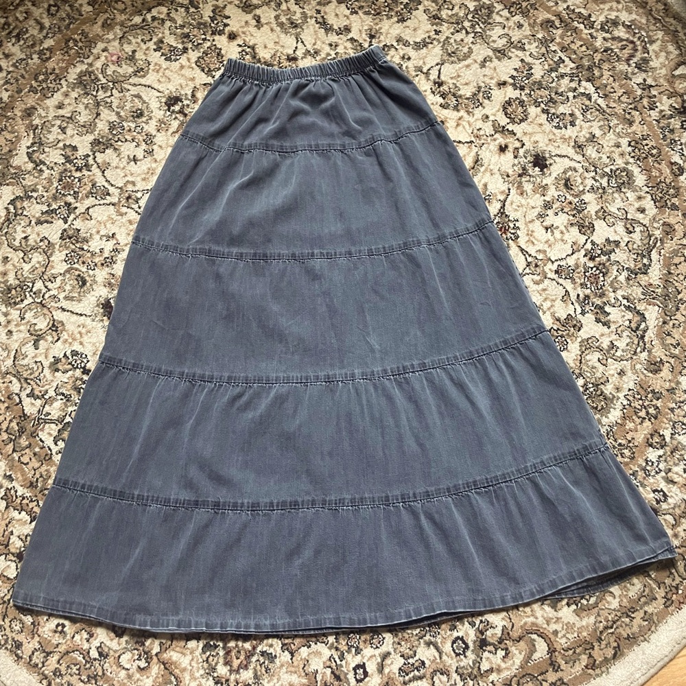 VINTAGE Baby O Women’s Small Tiered Cotton Denim Maxi Skirt Biker Distressed Y2K